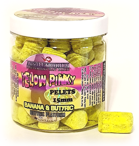 Pelety 150g Absoluthorium Yelow pinky Banana butyric 15mm Pelety 150g Absoluthorium Yelow pinky Banana butyric 15mm